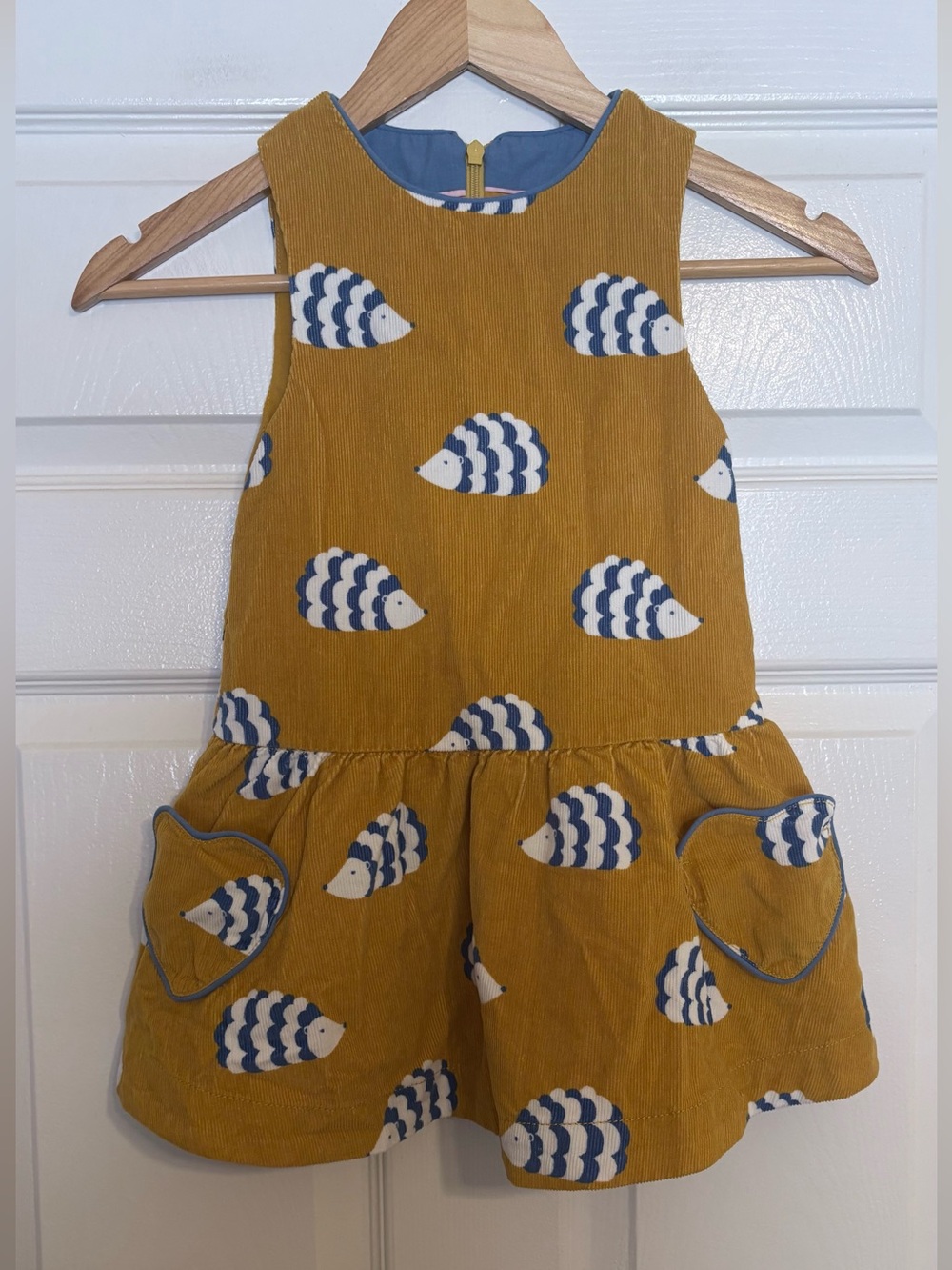 Mini Boden 3-4 Y Hedgehog Mustard Heart Pocket Girls Dress